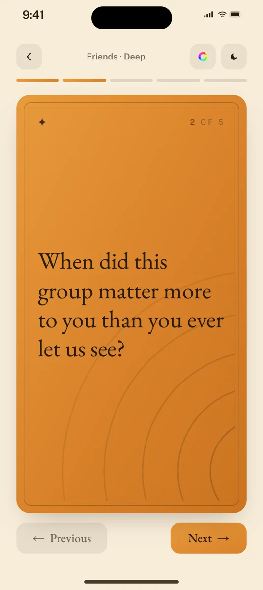 A dealt question card in a Friends room set to Deep