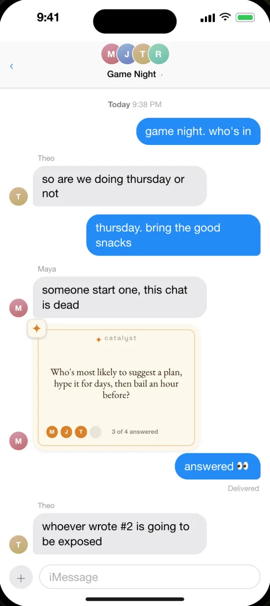 A Catalyst question card inside a group chat, showing three of four people answered
